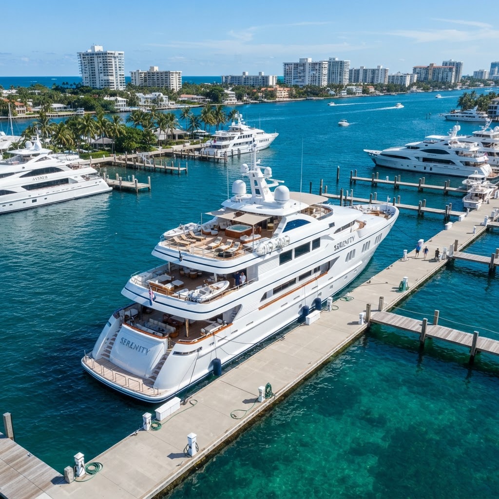Luxury yacht docked at Fort Lauderdale marina after professional yacht detailing and hull polishing