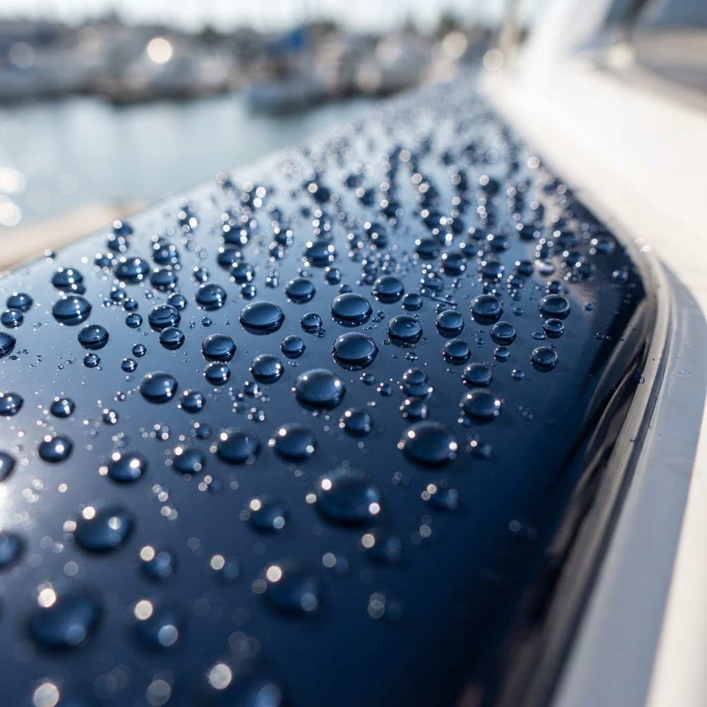Water beading on a ceramic-coated yacht hull, showing strong hydrophobic behavior