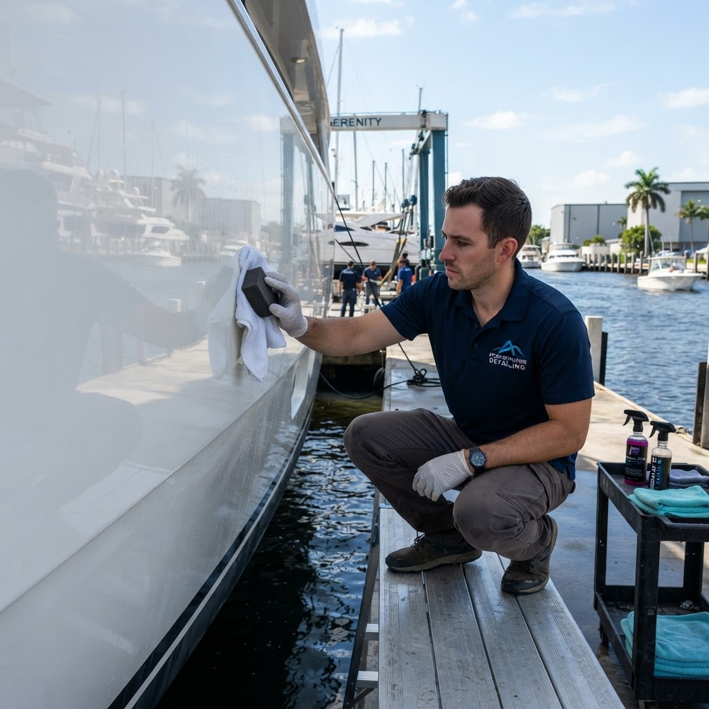 Technician applying marine ceramic coating to a yacht hull with an applicator block