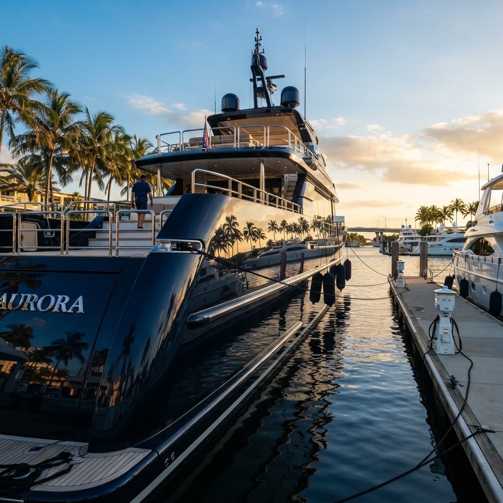 High-gloss yacht hull reflecting the sky at a Fort Lauderdale marina after polishing and protection
