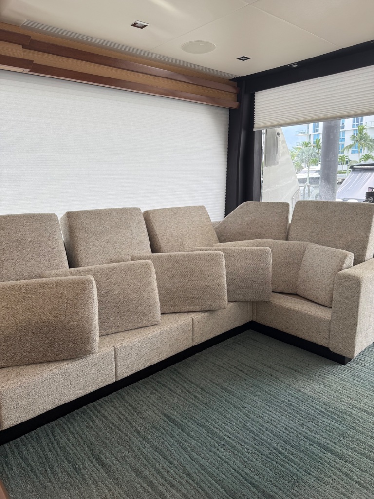 Yacht salon upholstery and soft furnishings cleaned during pre-show interior detailing