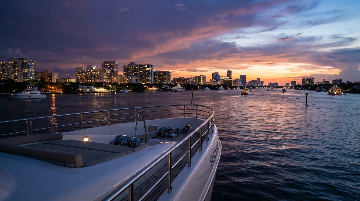 Fort Lauderdale waterfront at dusk — yacht detailing service area in South Florida
