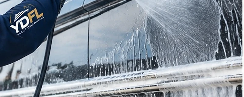 Yacht Detailing Fort Lauderdale crew performing a professional yacht washdown with branded gear