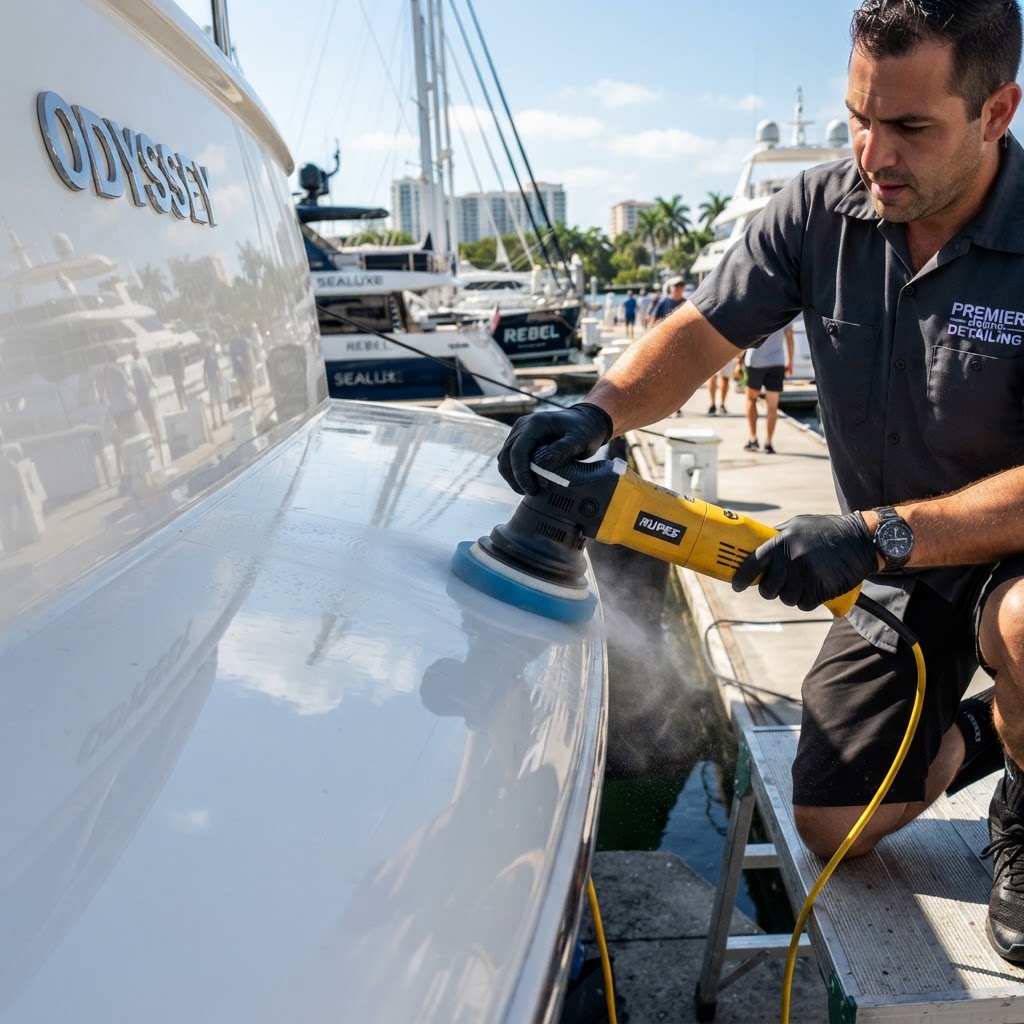 Professional machine polishing a luxury yacht hull at a Fort Lauderdale marina to restore gelcoat gloss before protection