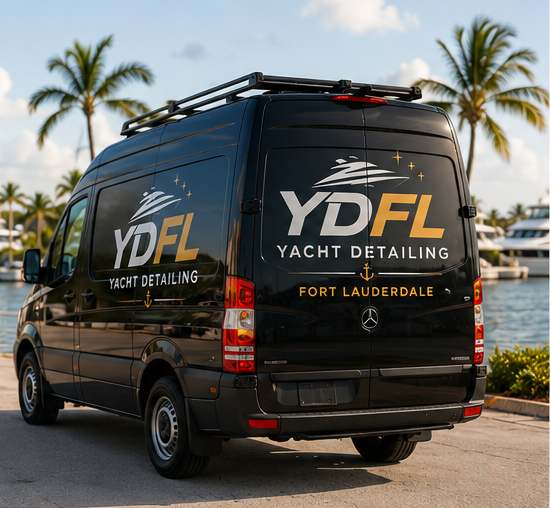 YDFL Yacht Detailing Fort Lauderdale branded service vehicle at a South Florida marina