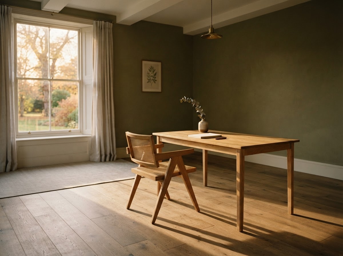 A calm consultation room bathed in golden hour light