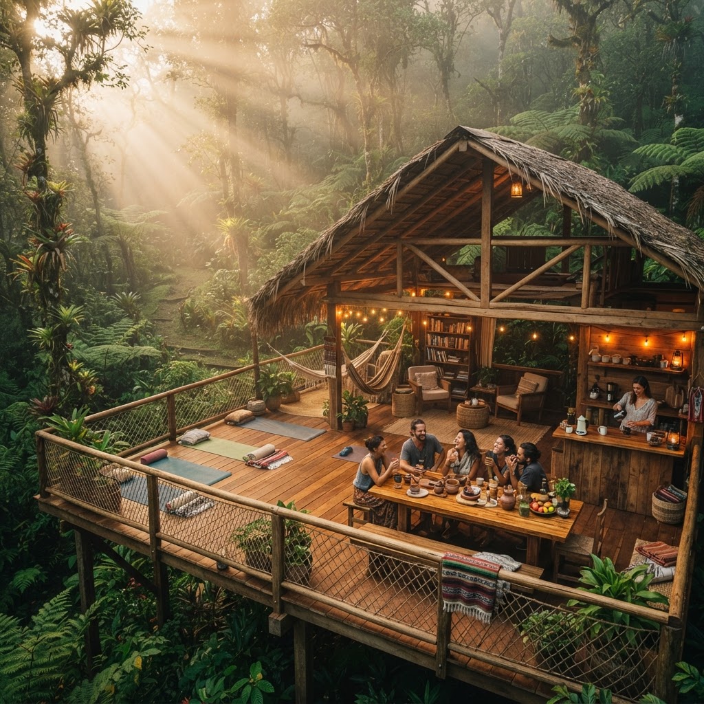 Open-air gathering pavilion at Koi Oasis in the cloud forest