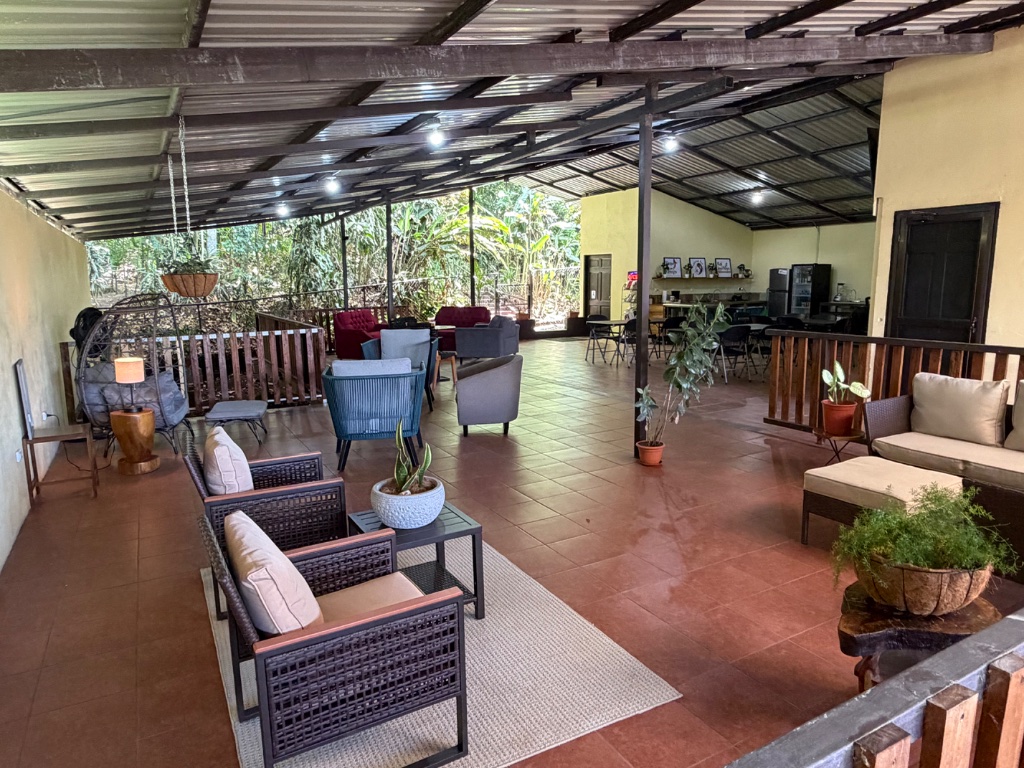 Communal patio and seating area at Koi Oasis