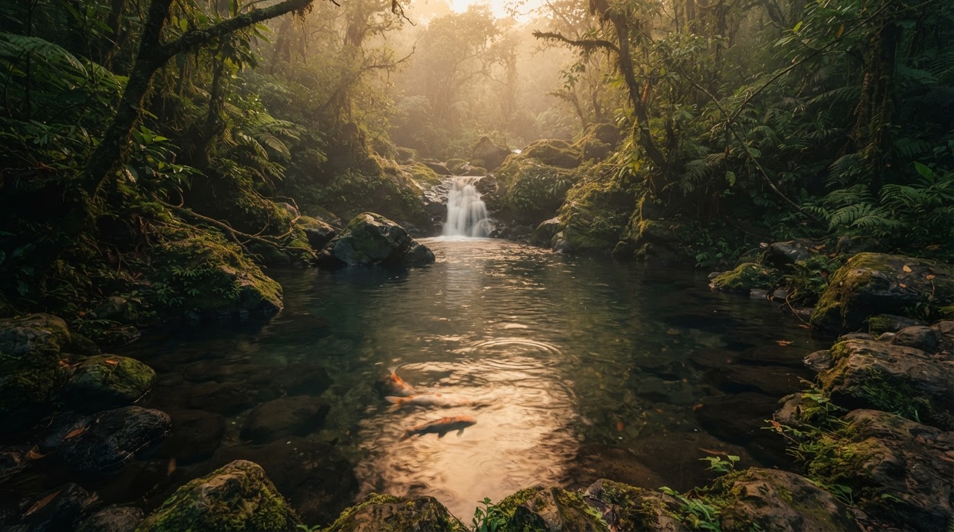 Pristine volcanic pool in Costa Rica at golden hour