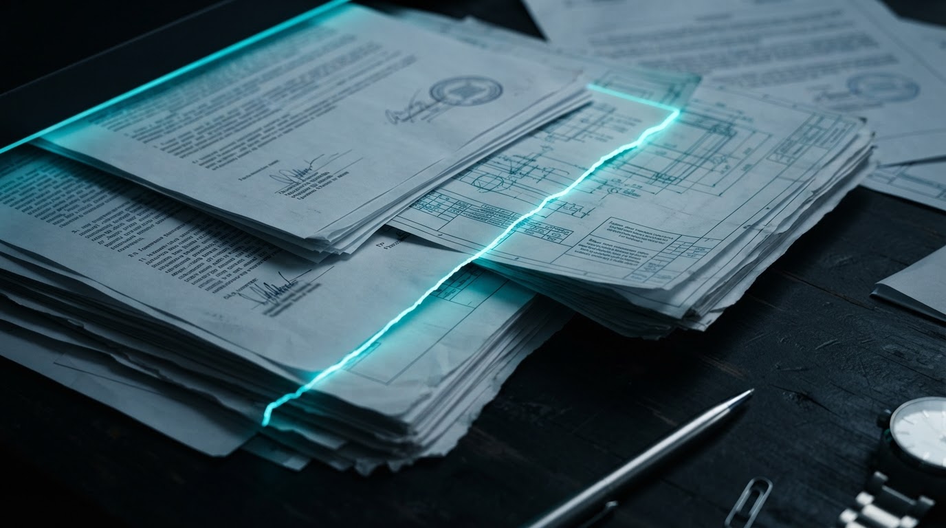 Documentos técnicos e contratos sob análise com scanner de luz