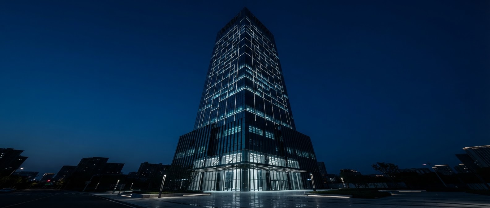 Fachada corporativa de vidro ao entardecer