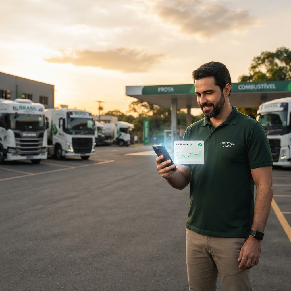 Gestor de frota realizando consultoria técnica digital em pátio de transportadora