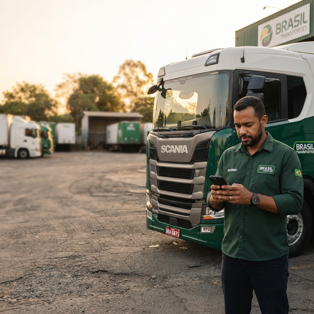 Motorista de caminhão consultando a IA da ARLA 32 Eco pelo celular