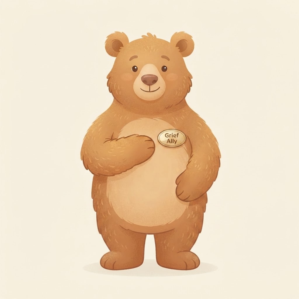 Grief Ally mascot — a cuddly grizzly bear, ready to listen