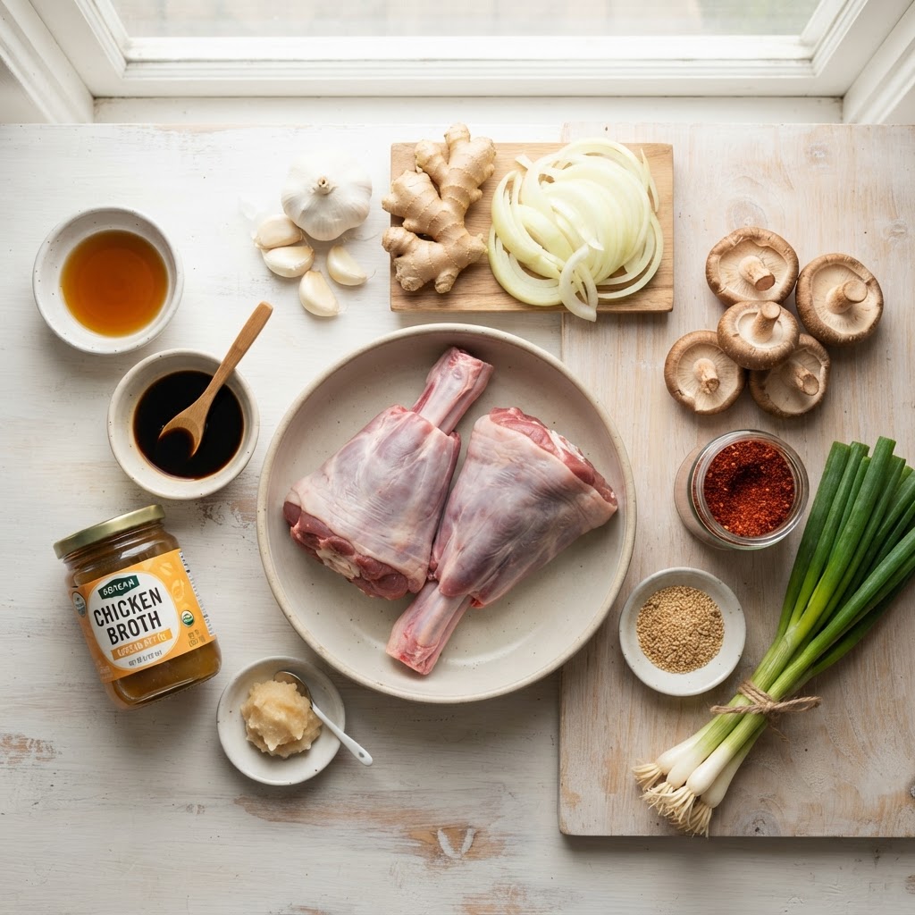 Flat lay of ingredients for Korean-inspired slow cooker lamb shanks including lamb shanks, garlic, ginger, shiitake mushrooms, coconut aminos, sesame oil, and gochugaru.