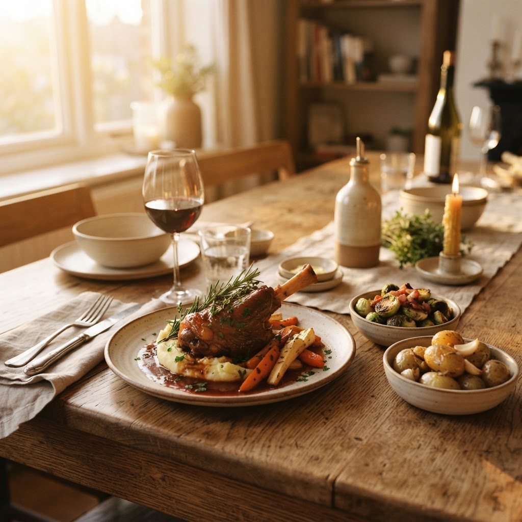 Rustic dinner table set with finished Korean-inspired lamb shanks and vegetables in warm evening lighting.