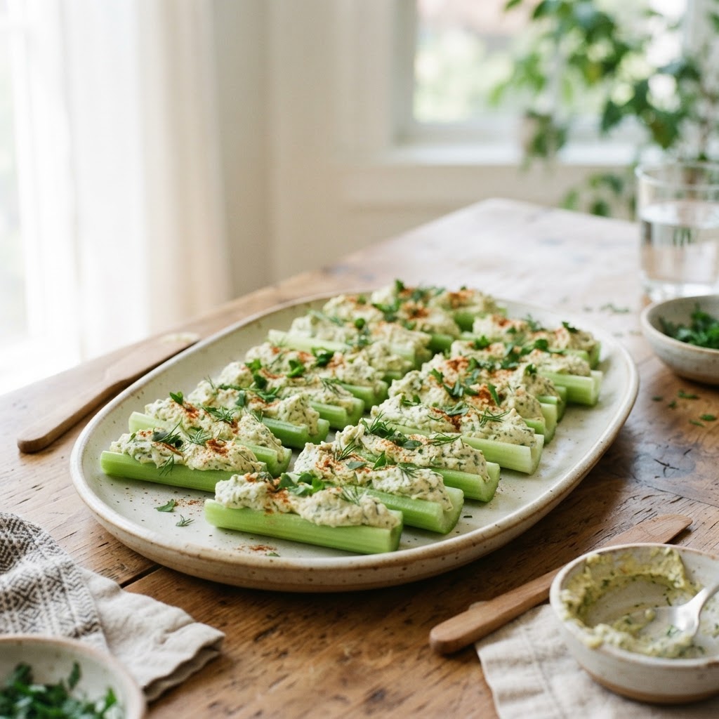Celery Stuffed with Herb Hummus