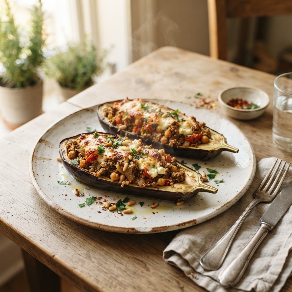 Roasted Garlic Eggplant Boats