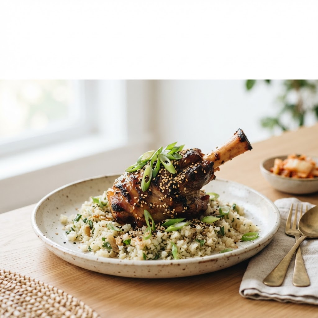 Pinterest-style vertical photo of plated Korean-inspired garlic sesame lamb shank over cauliflower rice with extra negative space at top.