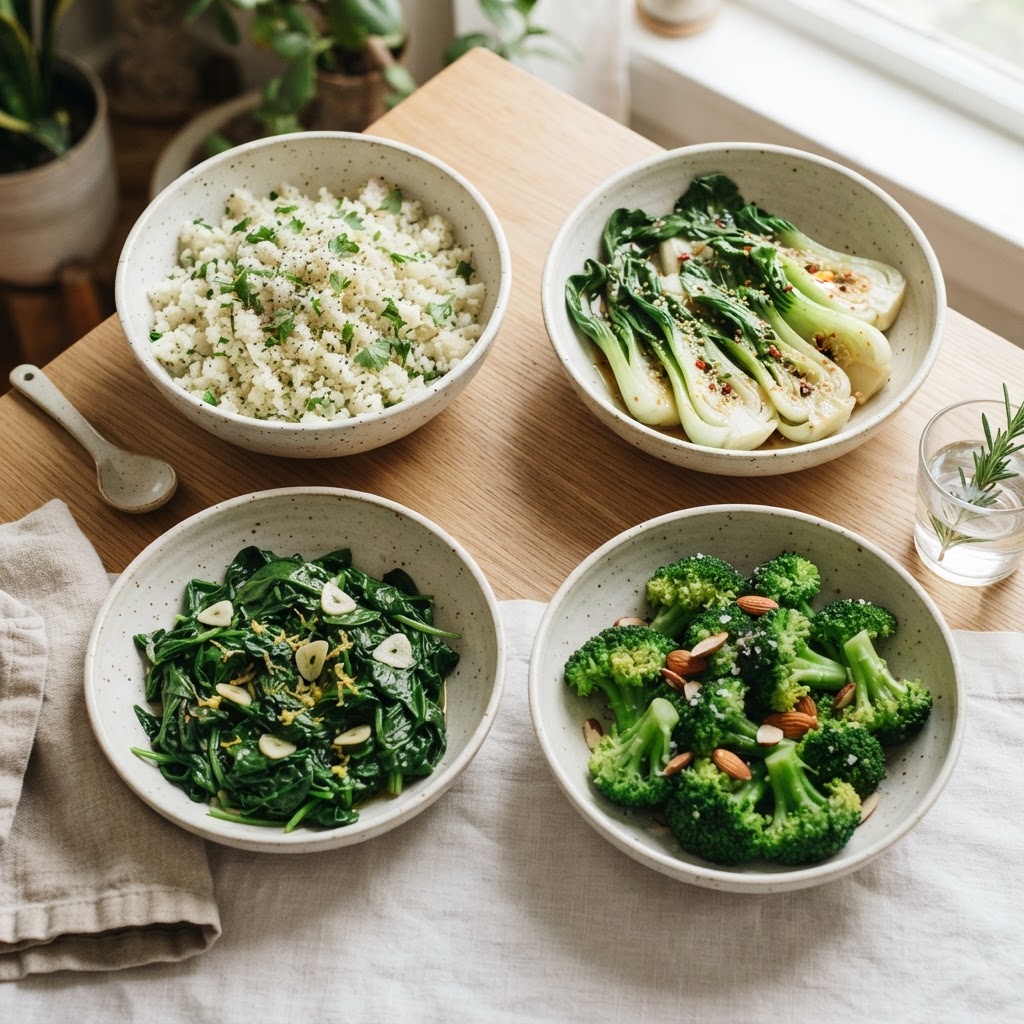 Collage of serving suggestion side dishes including cauliflower rice, steamed baby bok choy, garlic spinach, and steamed broccoli.