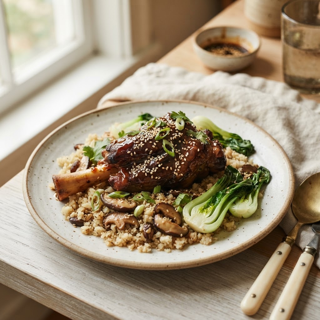 Korean-Inspired Slow Cooker Garlic Sesame Lamb Shanks