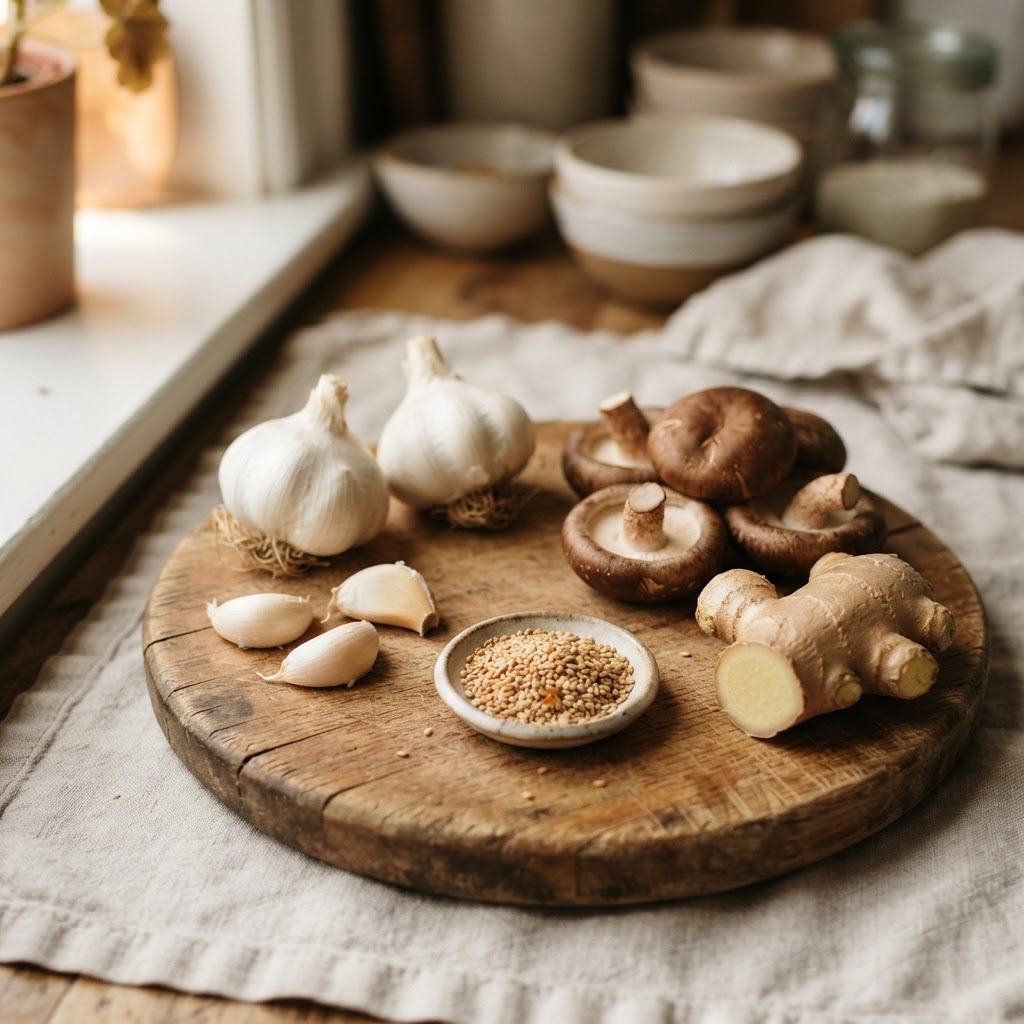 Fresh garlic, ginger, shiitake mushrooms, and sesame seeds neatly arranged on a wooden cutting board.