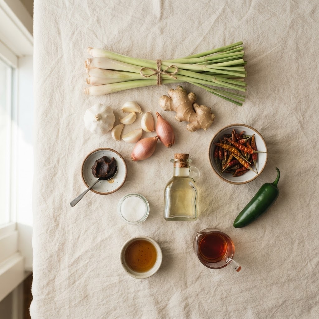 Ingredients for making homemade Tom Yum paste