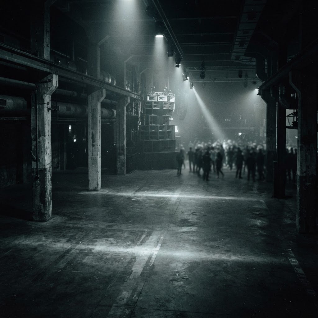 Dark underground warehouse club interior with volumetric light beams cutting through fog