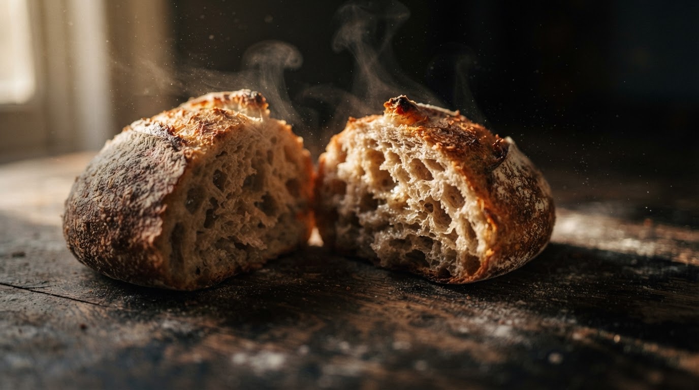 Steam rising from hand-torn artisan bread on a dark wooden surface