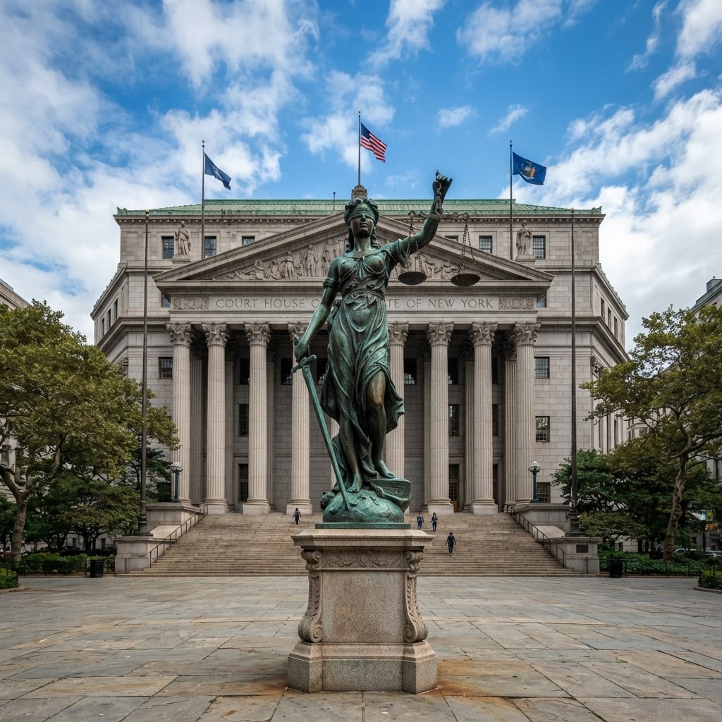 Scales of justice statue outside a courthouse, representing consumer legal rights
