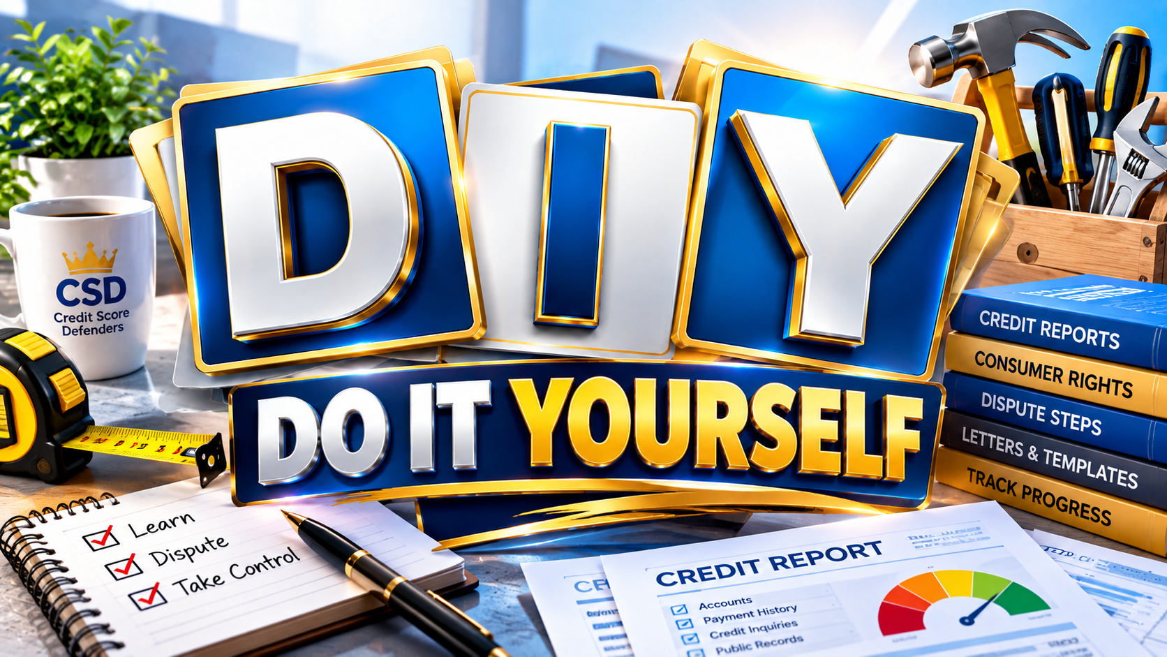 Do It Yourself Credit Education Tools by Credit Score Defenders — a self-service workspace showing credit scores, document upload, and dispute letters on a laptop and phone.