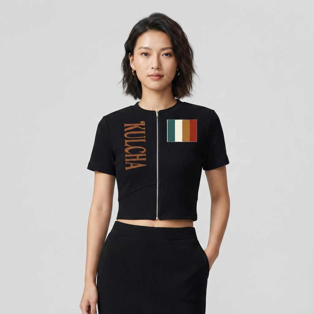 'KULCHA' Cropped Full-Zip Tee on model 2