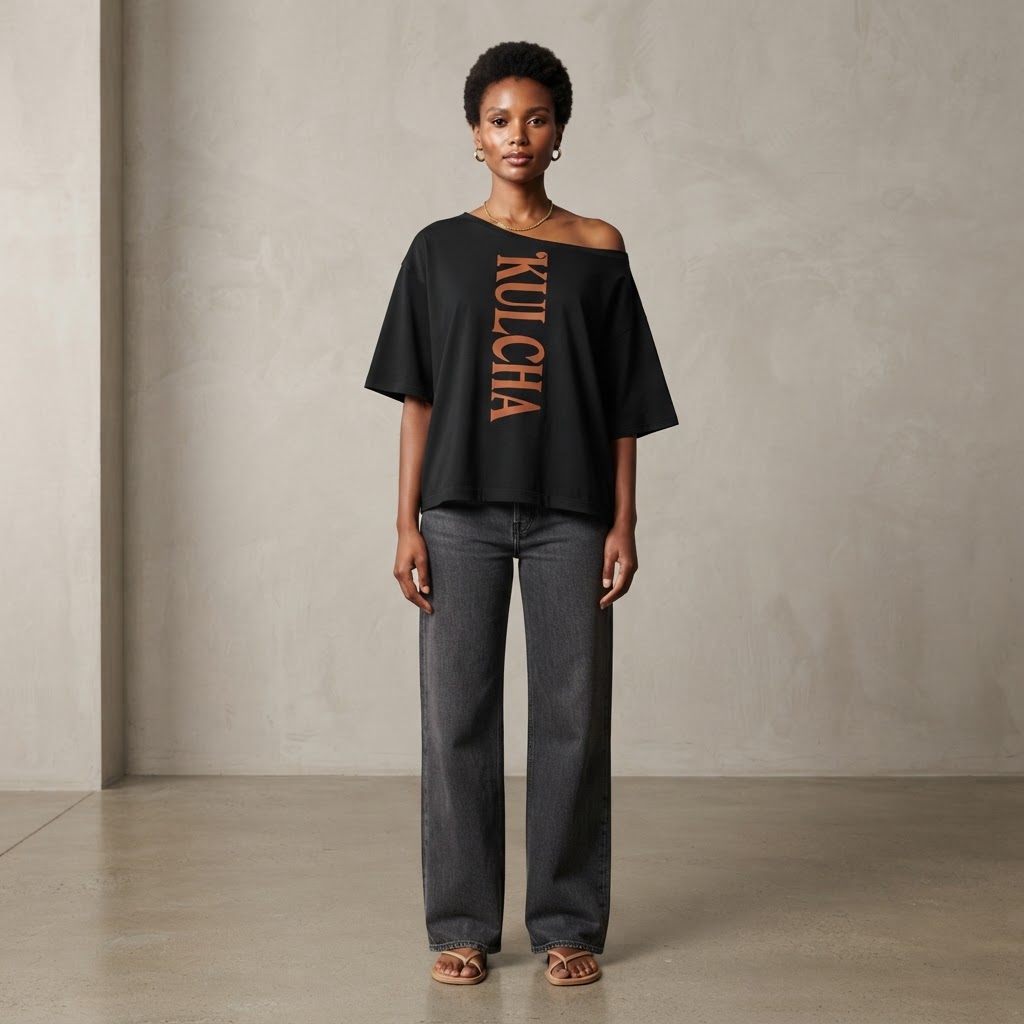 KULCHA Asymmetric Shoulder Oversized Cotton T-Shirt on model 7