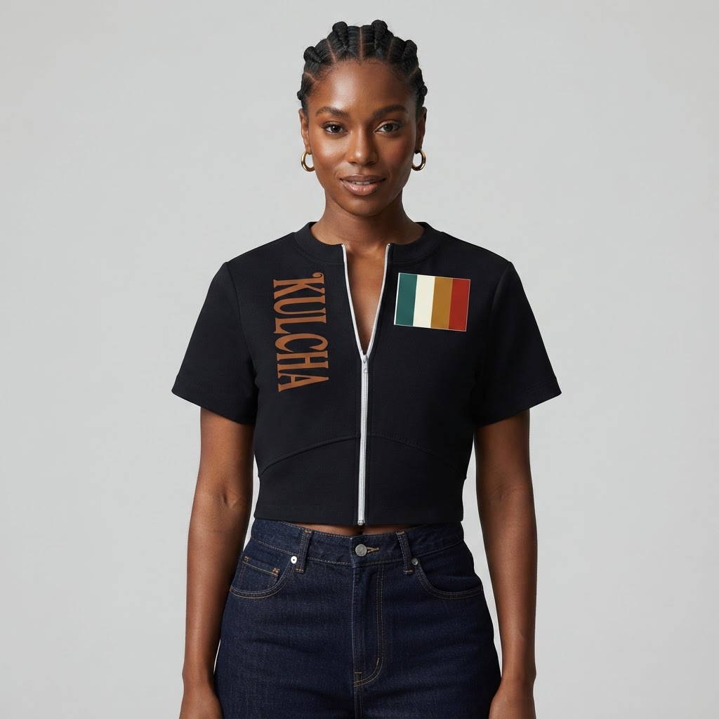 'KULCHA' Cropped Full-Zip Tee on model 1