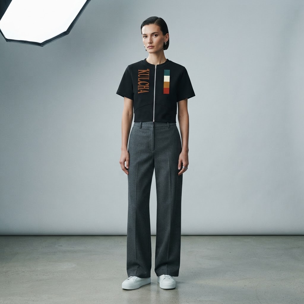 Kulcha Paneling Full-Zip Tee on model 5