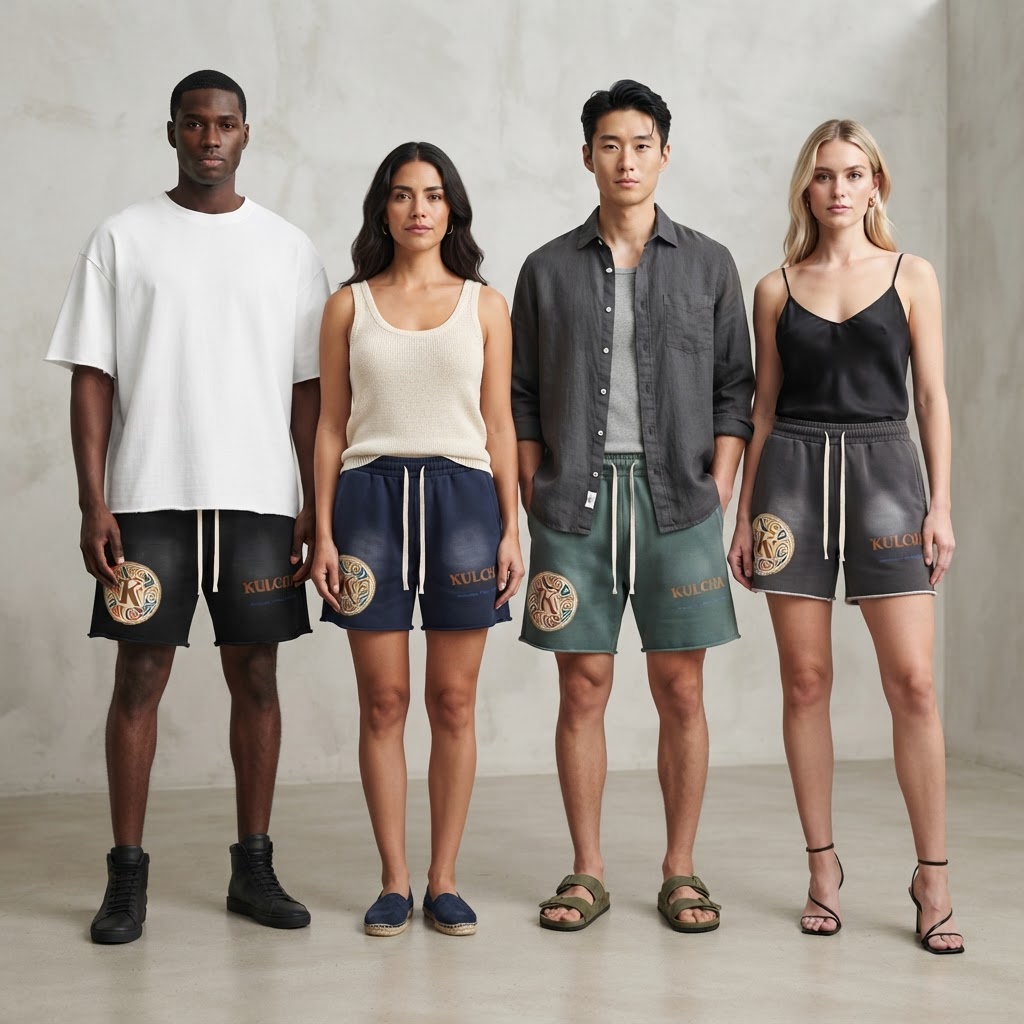 KULCHA Sun-Fade Raw Edge Cotton Shorts on model 10