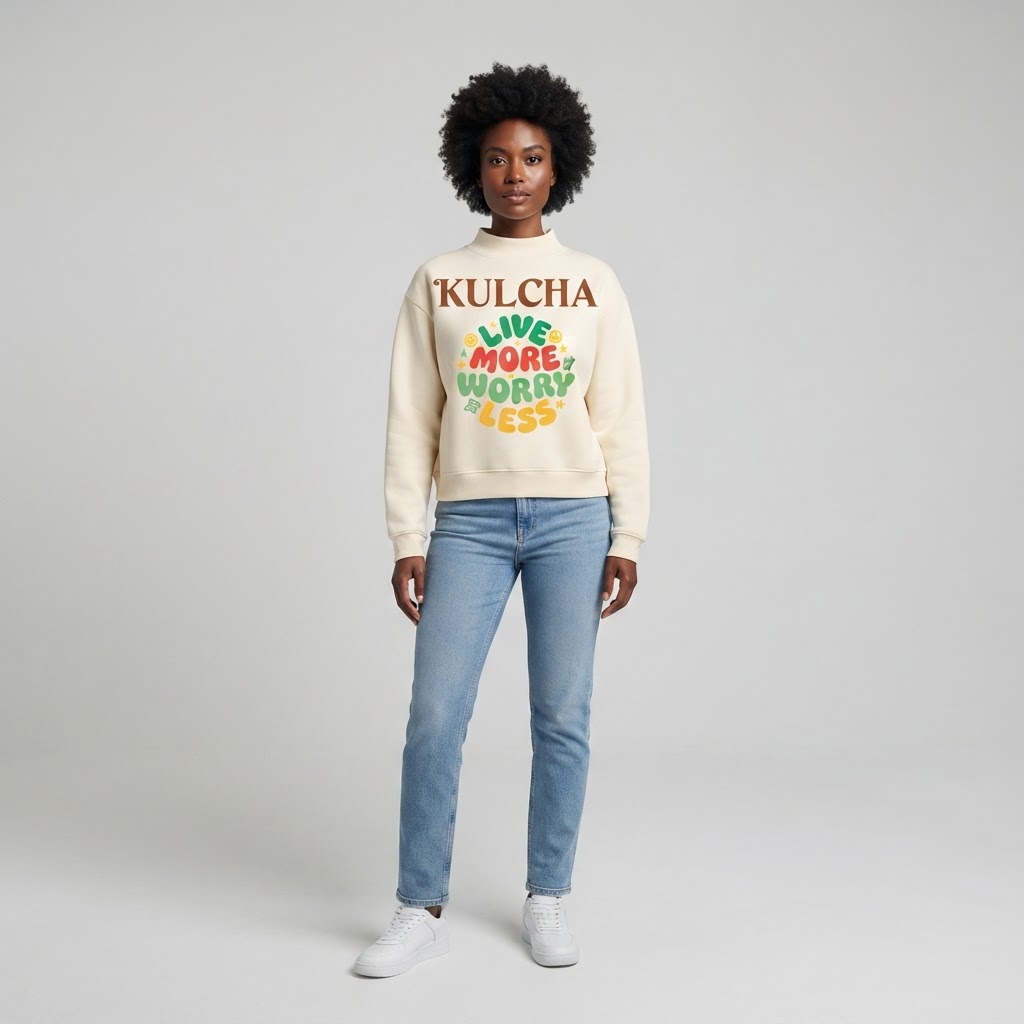 KULCHA 'Live More Worry Less' Fleece Mock-Neck Sweatshirt on model 13