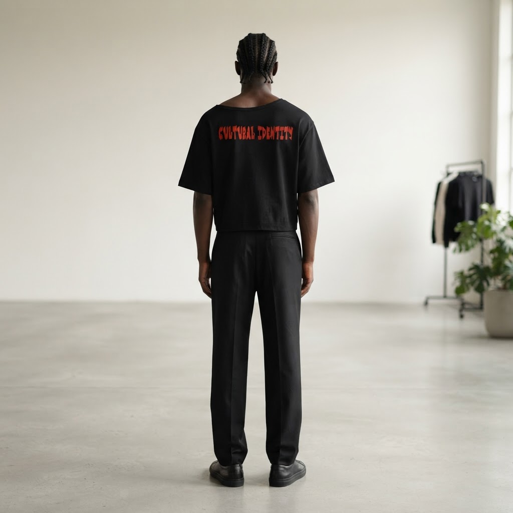 KULCHA Cultural Identity Asymmetric Shoulder Tee on model 8