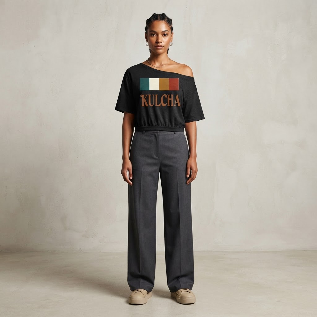 KULCHA Cultural Identity Asymmetric Shoulder Tee on model 7