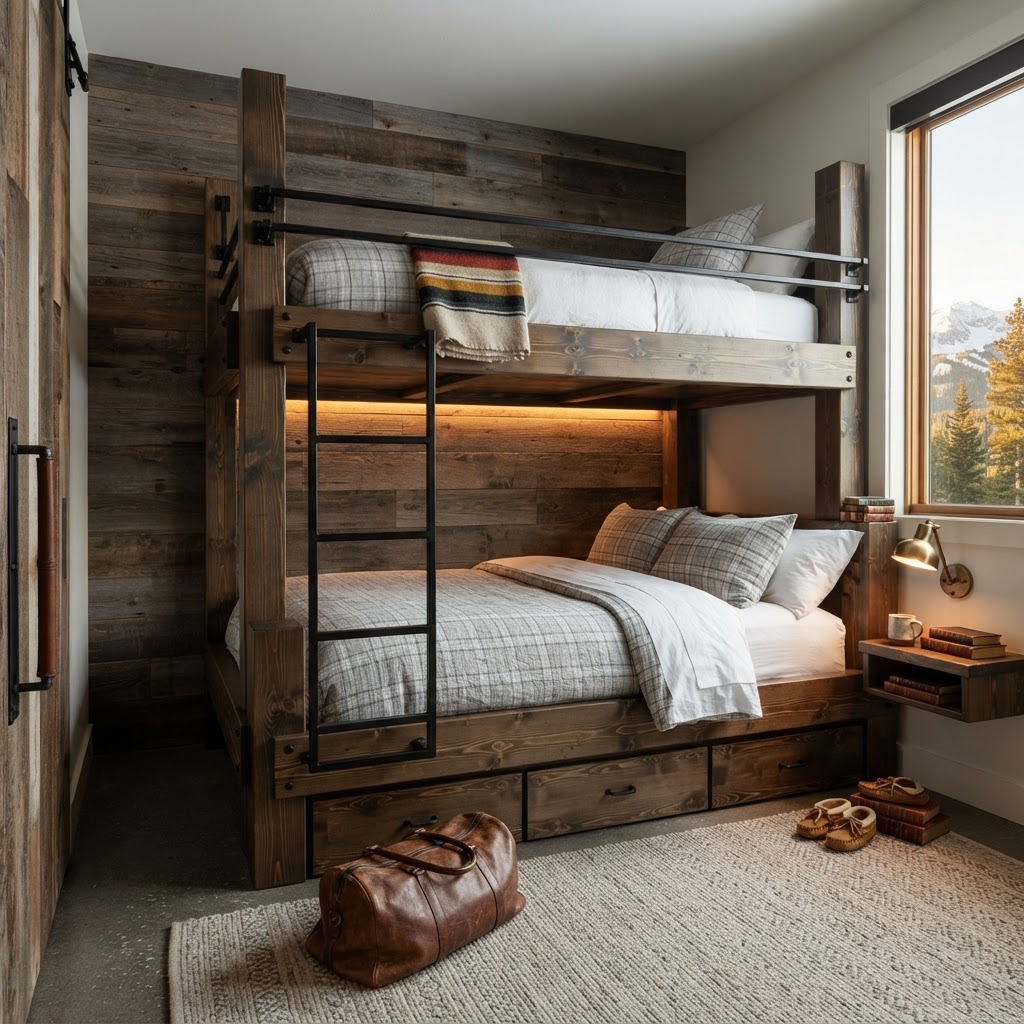A stunning luxury bunk room design featuring custom timber bunk beds in a modern mountain home setting.