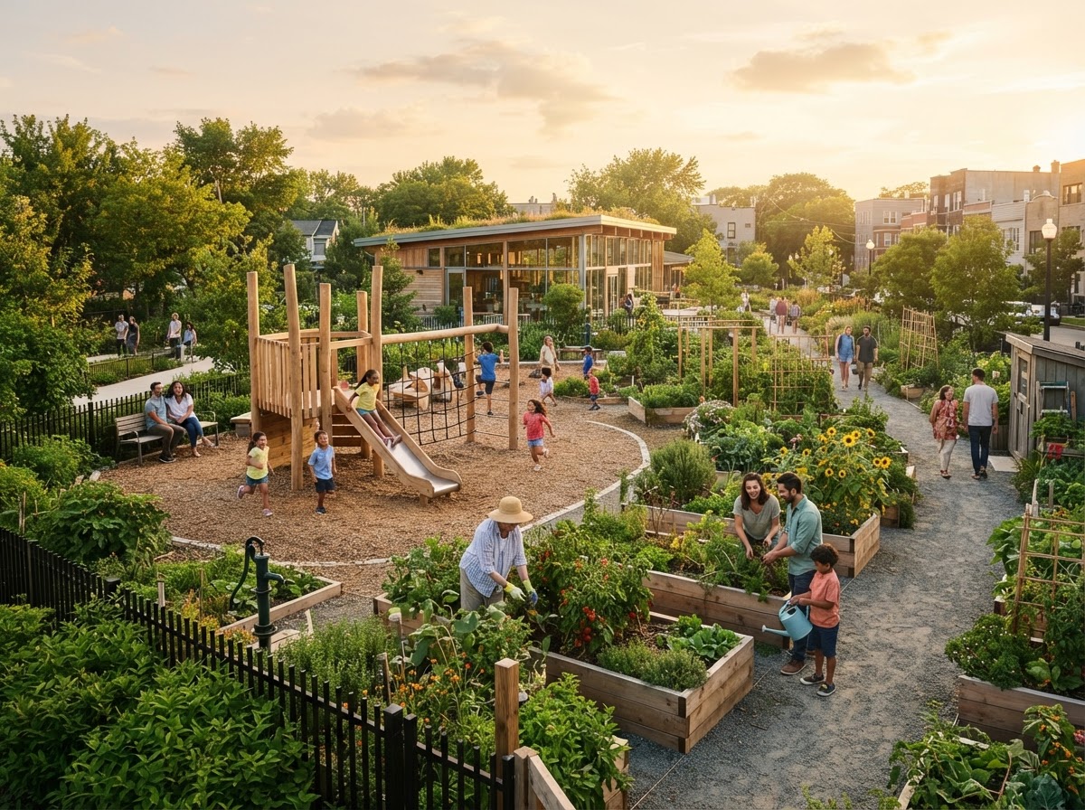 Community garden and playground with children playing and walking trails