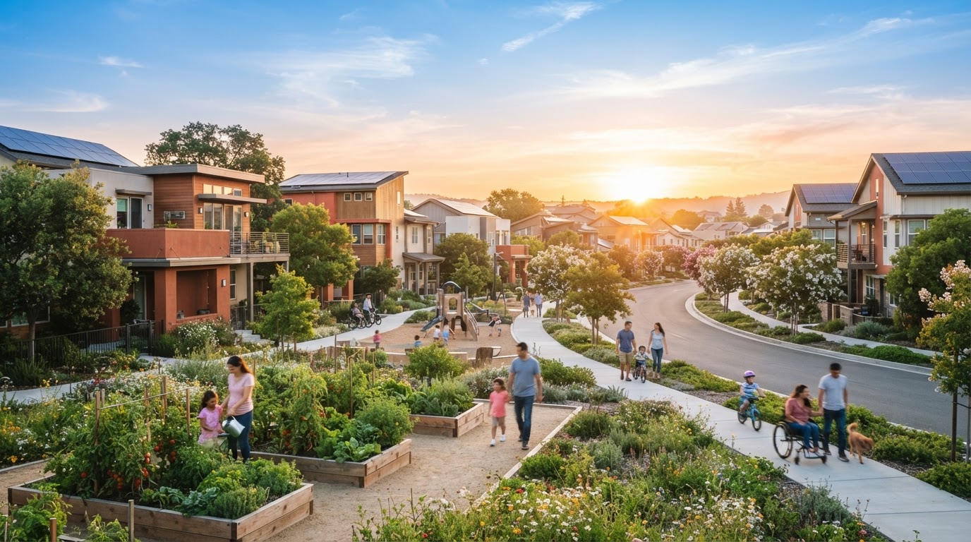 Modern ADA-accessible affordable neighborhood at sunrise with solar panels and community gardens
