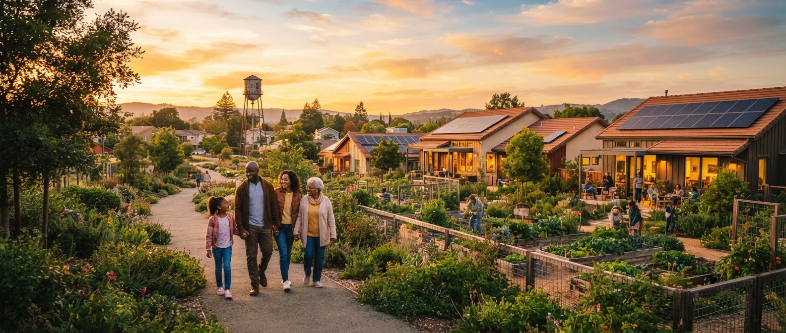 A family walking toward modern affordable homes at magic hour in a restored community