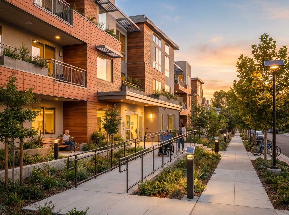Modern ADA-friendly affordable housing with ramps and tree-lined streets