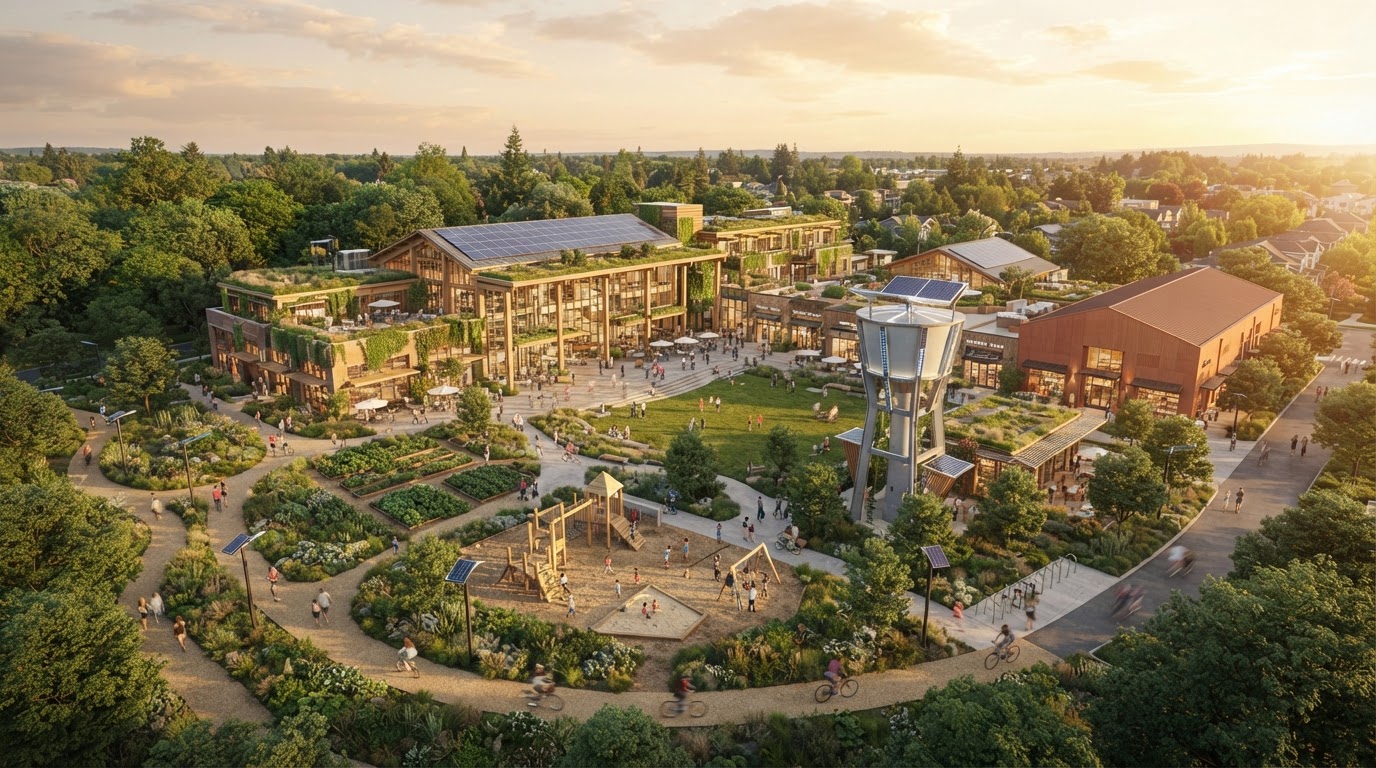Aerial rendering of a mixed-use community center with gardens and gathering spaces