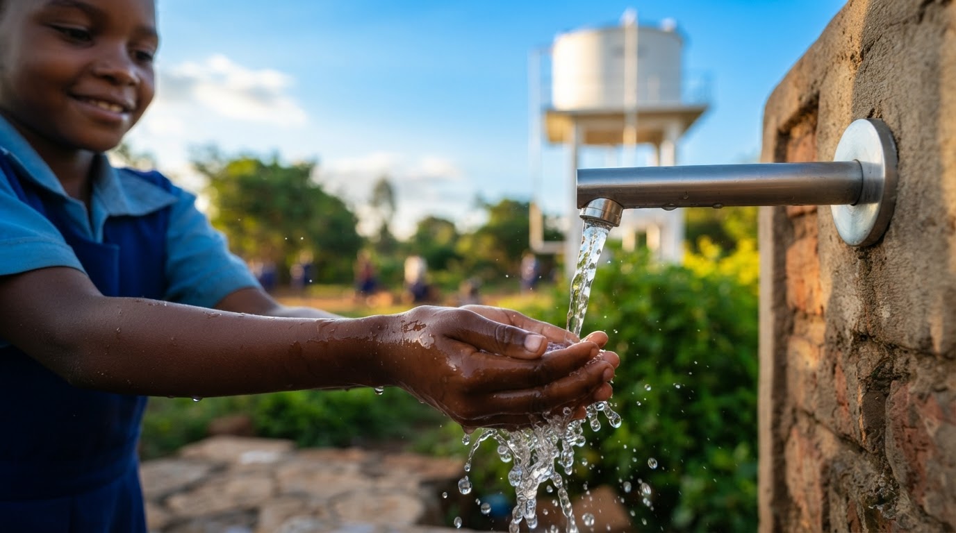 Child's hands catching clean water from a modern tap with a community water tower behind