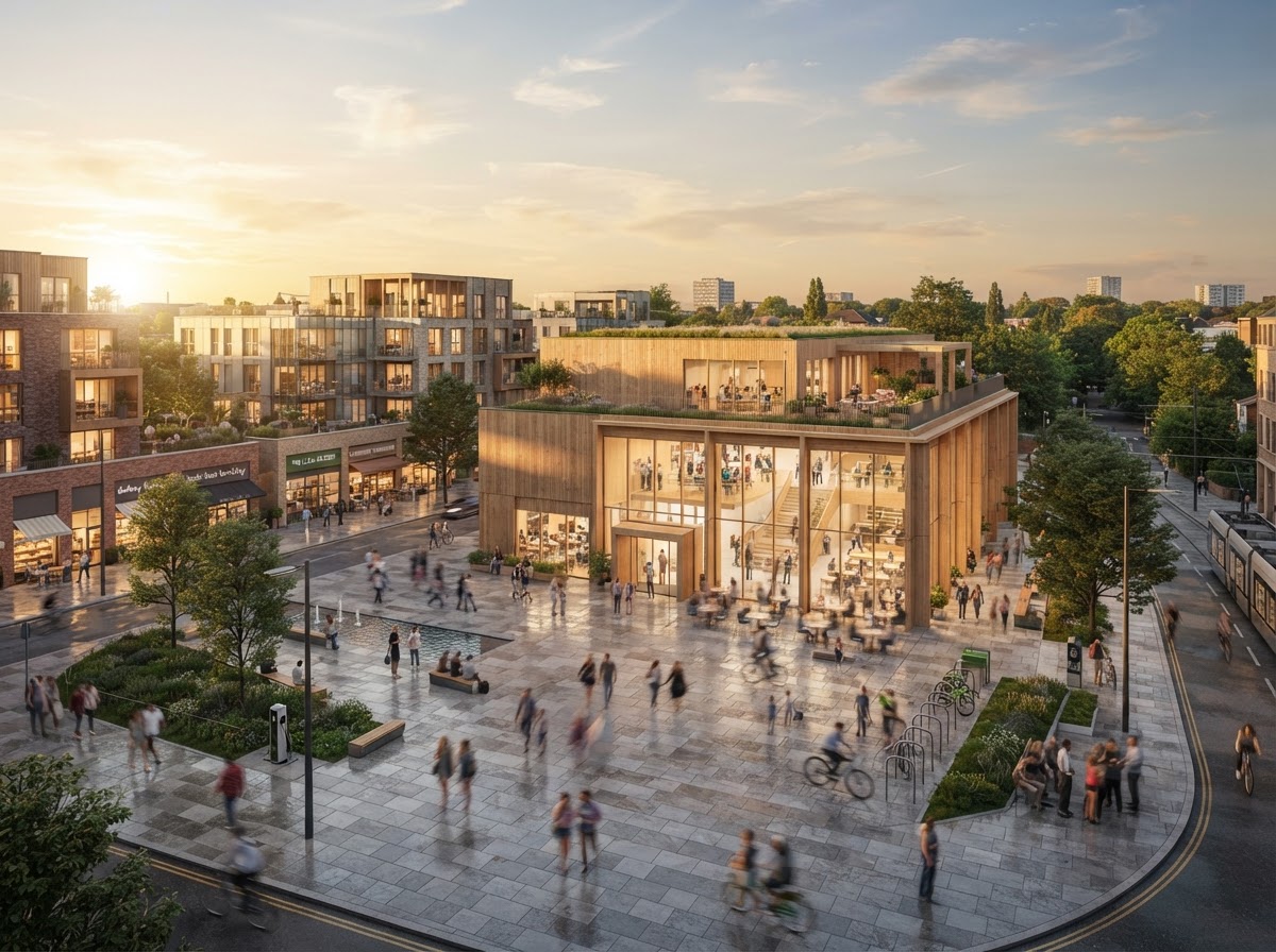 Modern wood and glass community center with public gathering spaces and small businesses