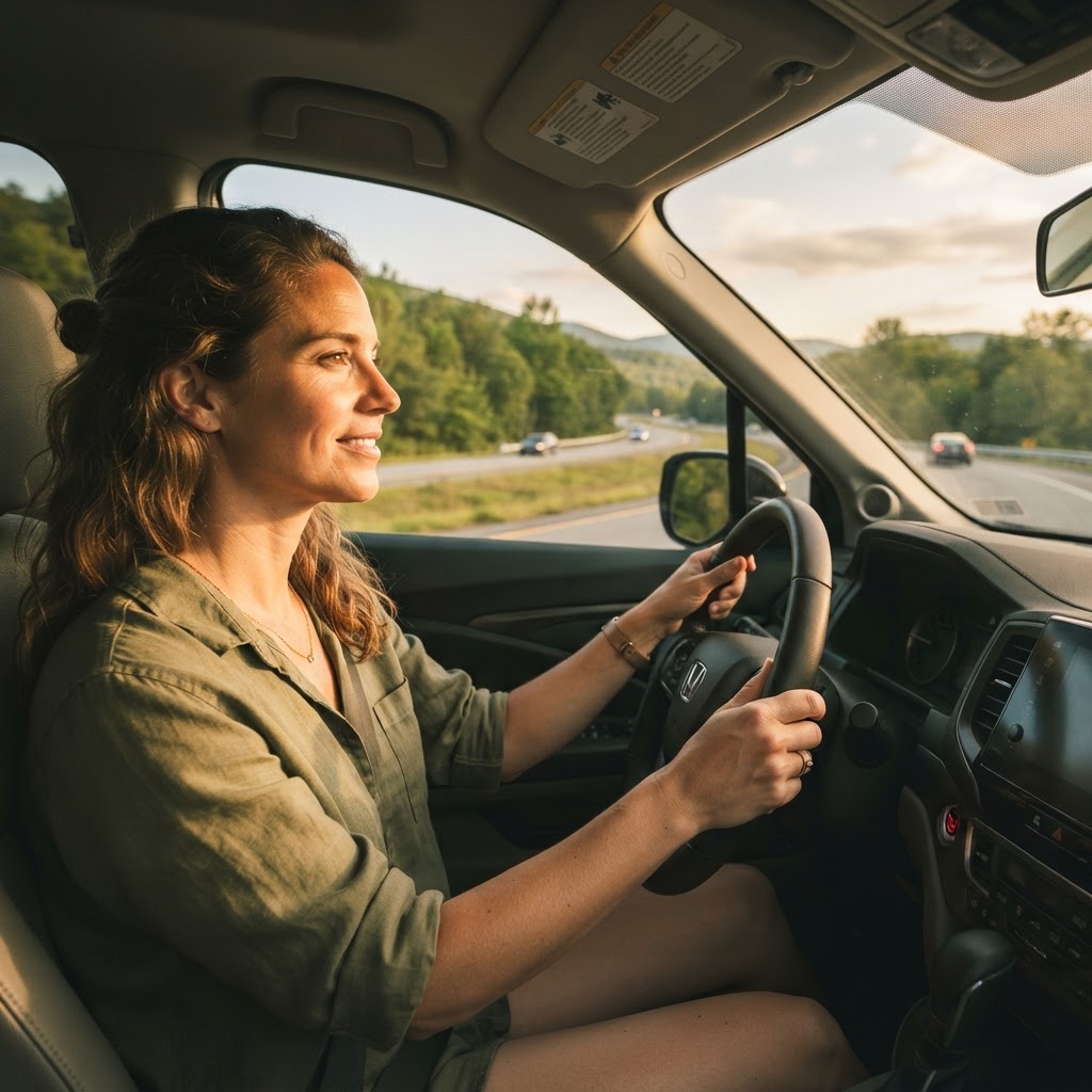 A woman driving on a long-distance road trip