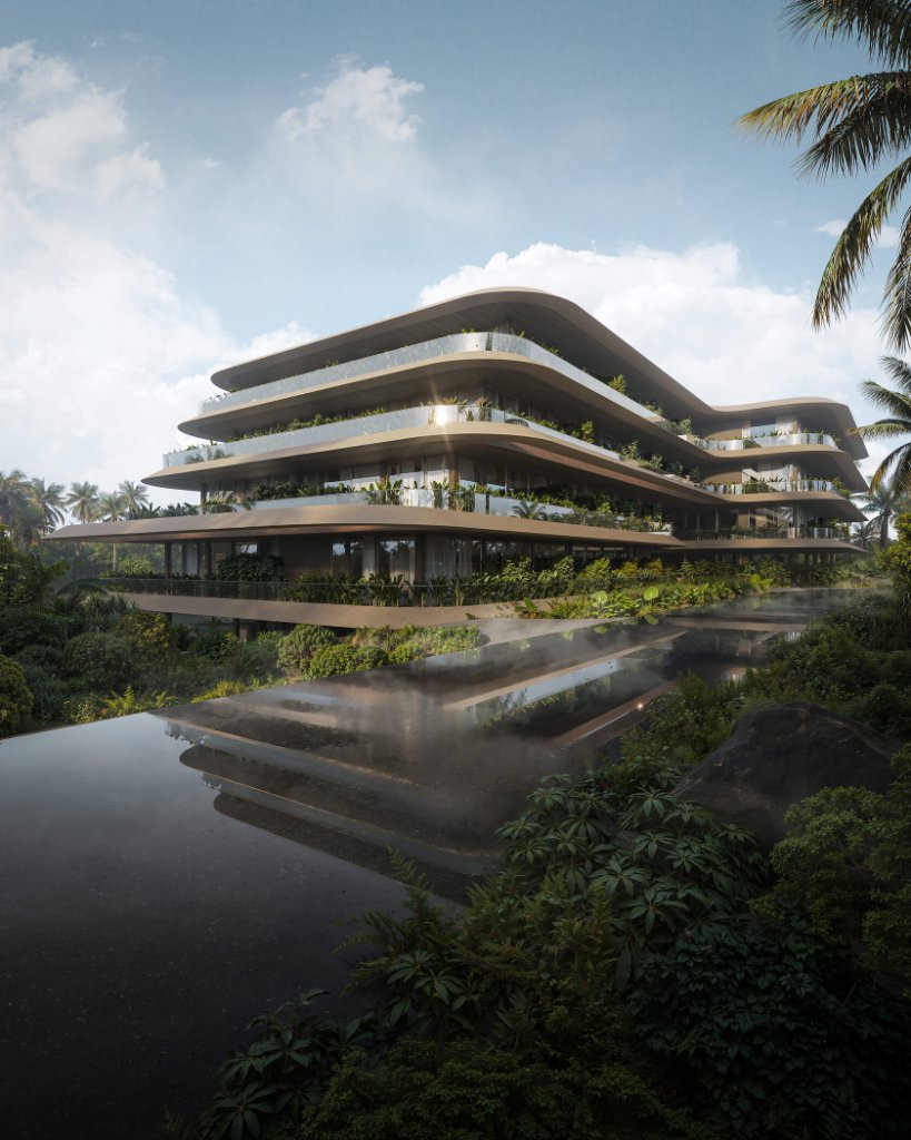 Luna Residences Bali — facade reflection at dusk