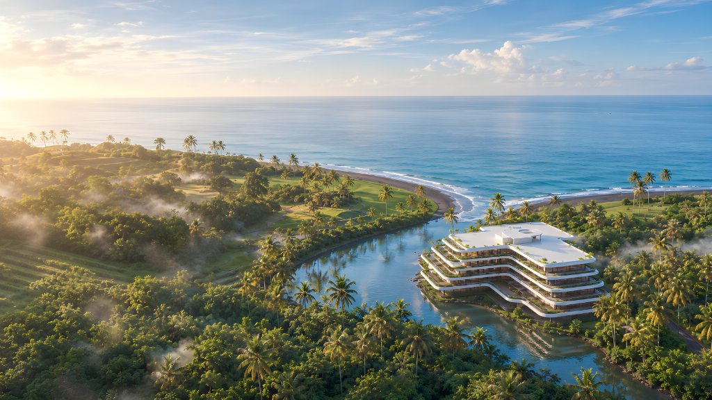 Aerial view of Nuanu Creative City and the Bali coastline